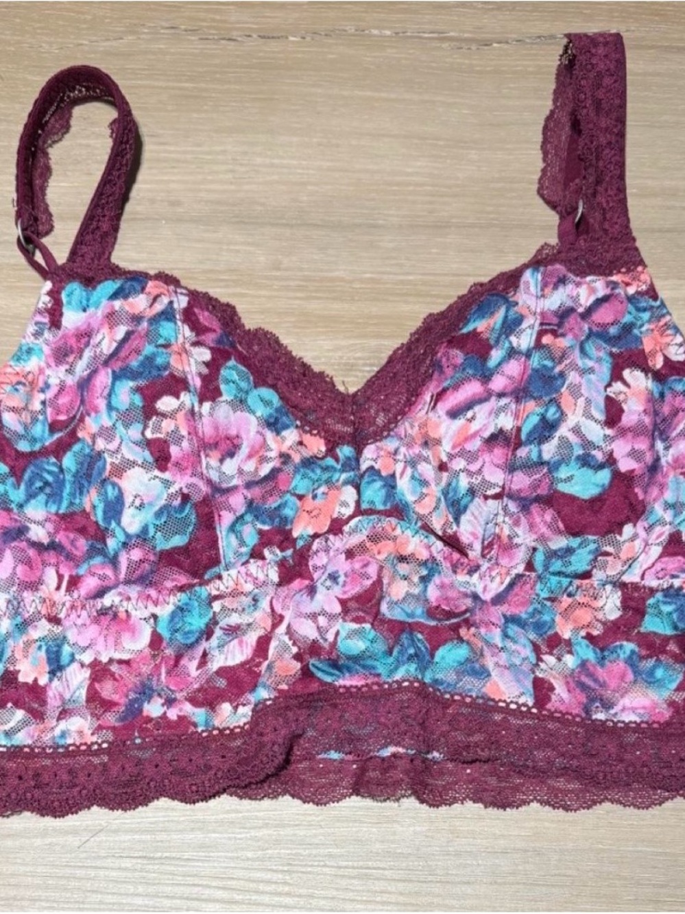 Gilly Hicks Floral Lace Bralette in Burgundy with Pink and Teal Accents